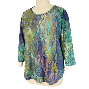Ali Miles Tunic Top 2X Rainbow Jewel Tones Asymmetric Textured Artsy Party BOHO